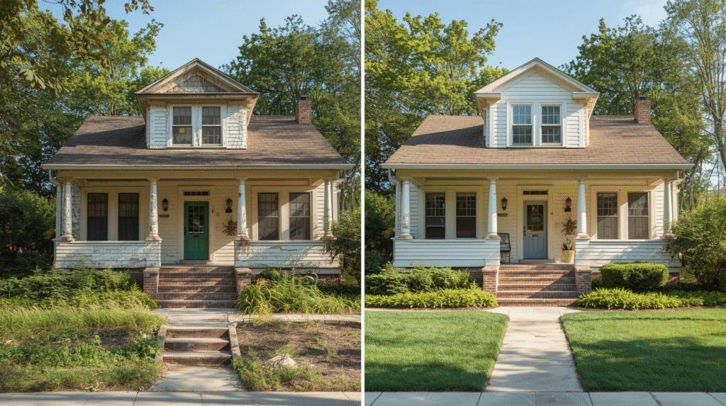 Young couple reviewing renovation plans in their newly purchased home, surrounded by moving boxes and design sketches, symbolizing Purchase Plus Improvements mortgage option.